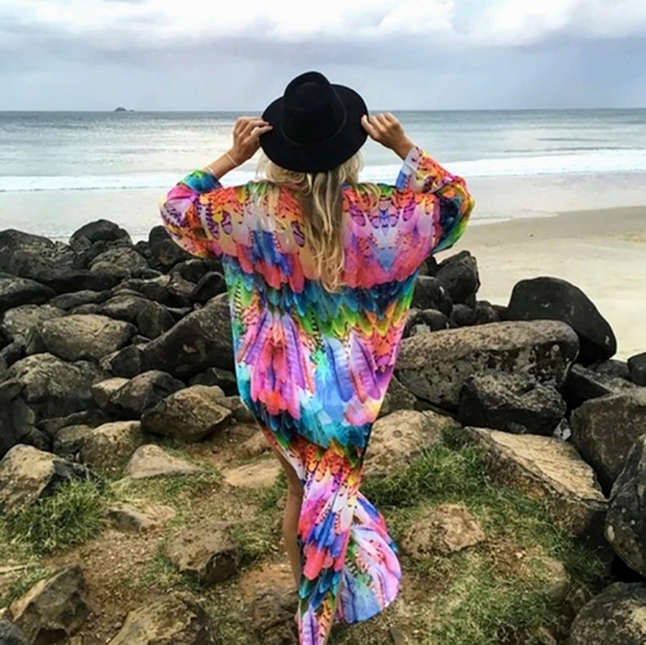 New Rainbow Feather Swim Cover Up Kimono Duster - Picture 2 of 10